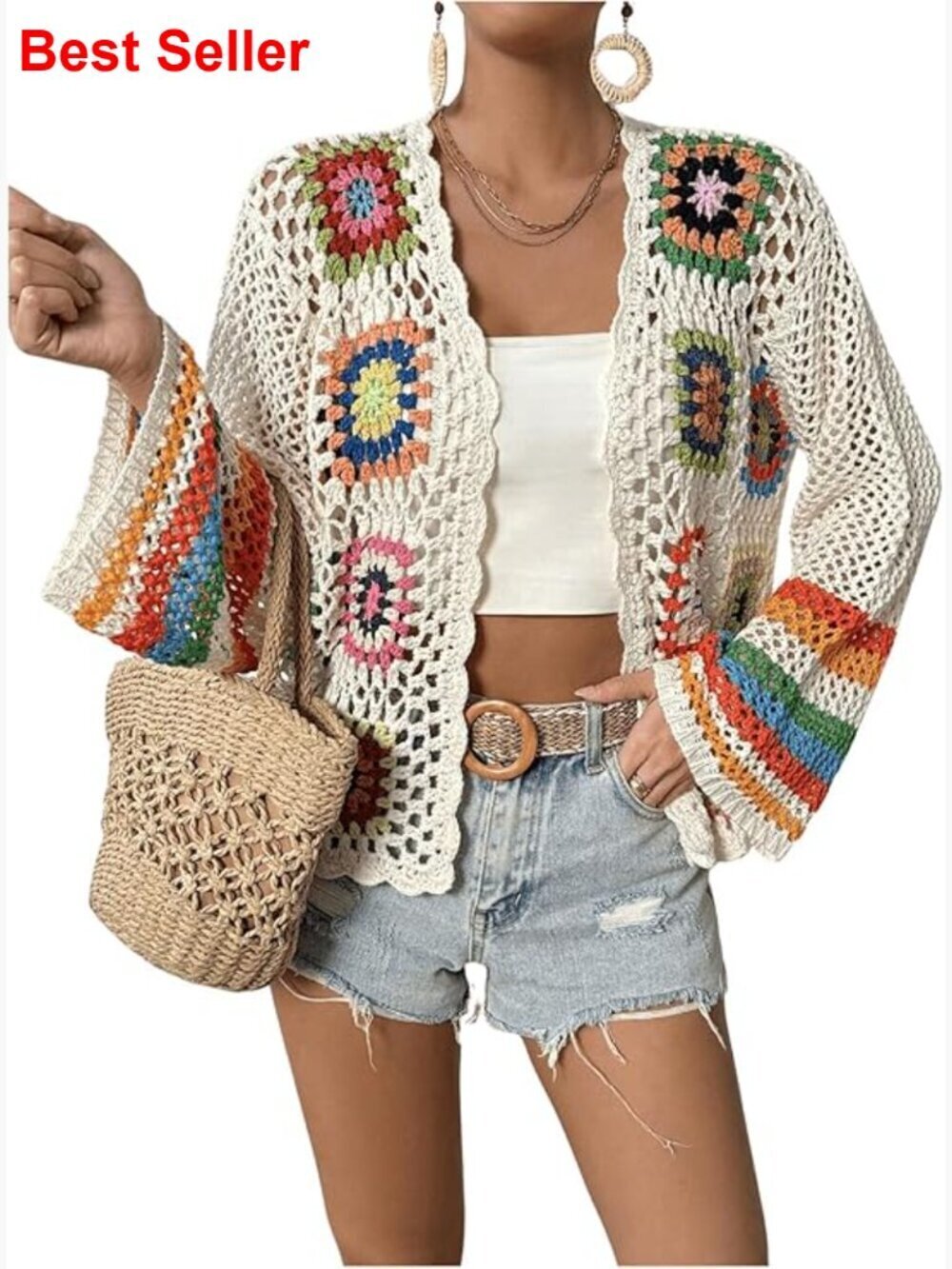 Floral Crochet Cardigan Hollow Out Open Front Long Sleeve Sweater